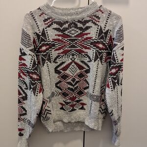 Geometric Patterned Gray and Red Sweater